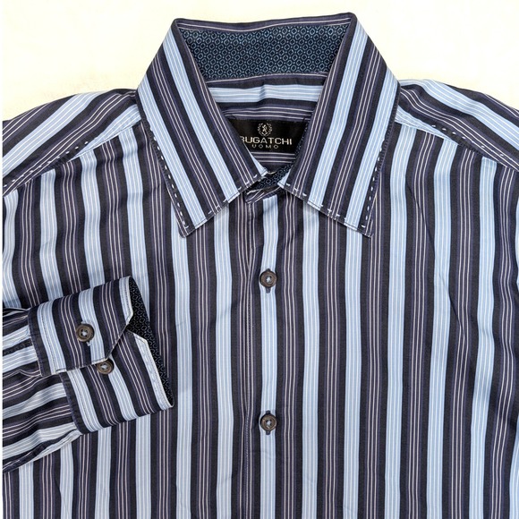 BUGATCHI UOMO Mens Striped Long Sleeve Dress Shirt Size Medium Blue - Picture 1 of 8